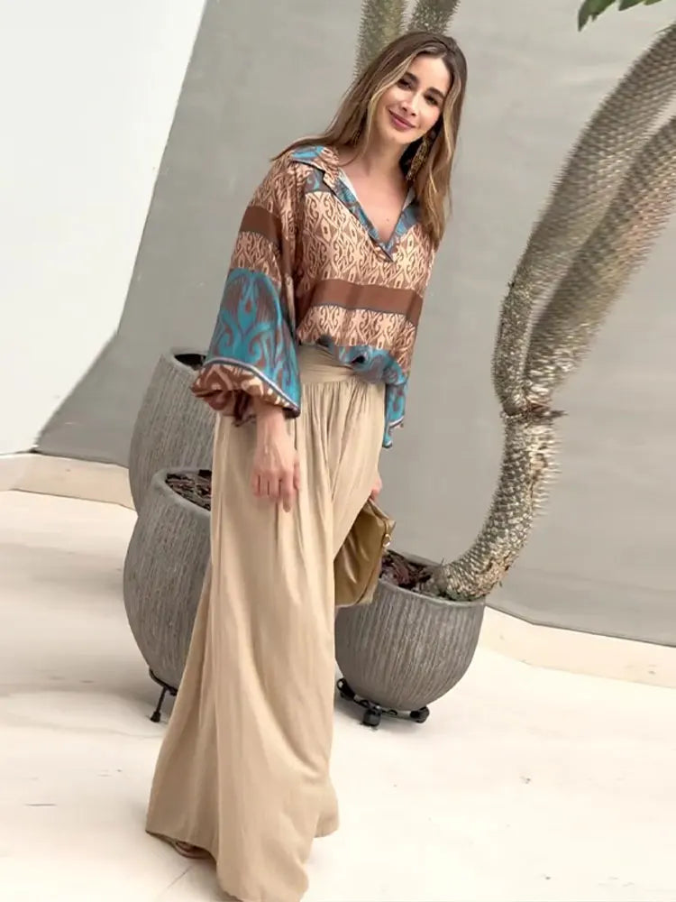 Women Loose High Waist Pant Print V Neck Long Sleeves Top 2 Pieces Sets Spring Summer Casual Street Female Outfits NEW
