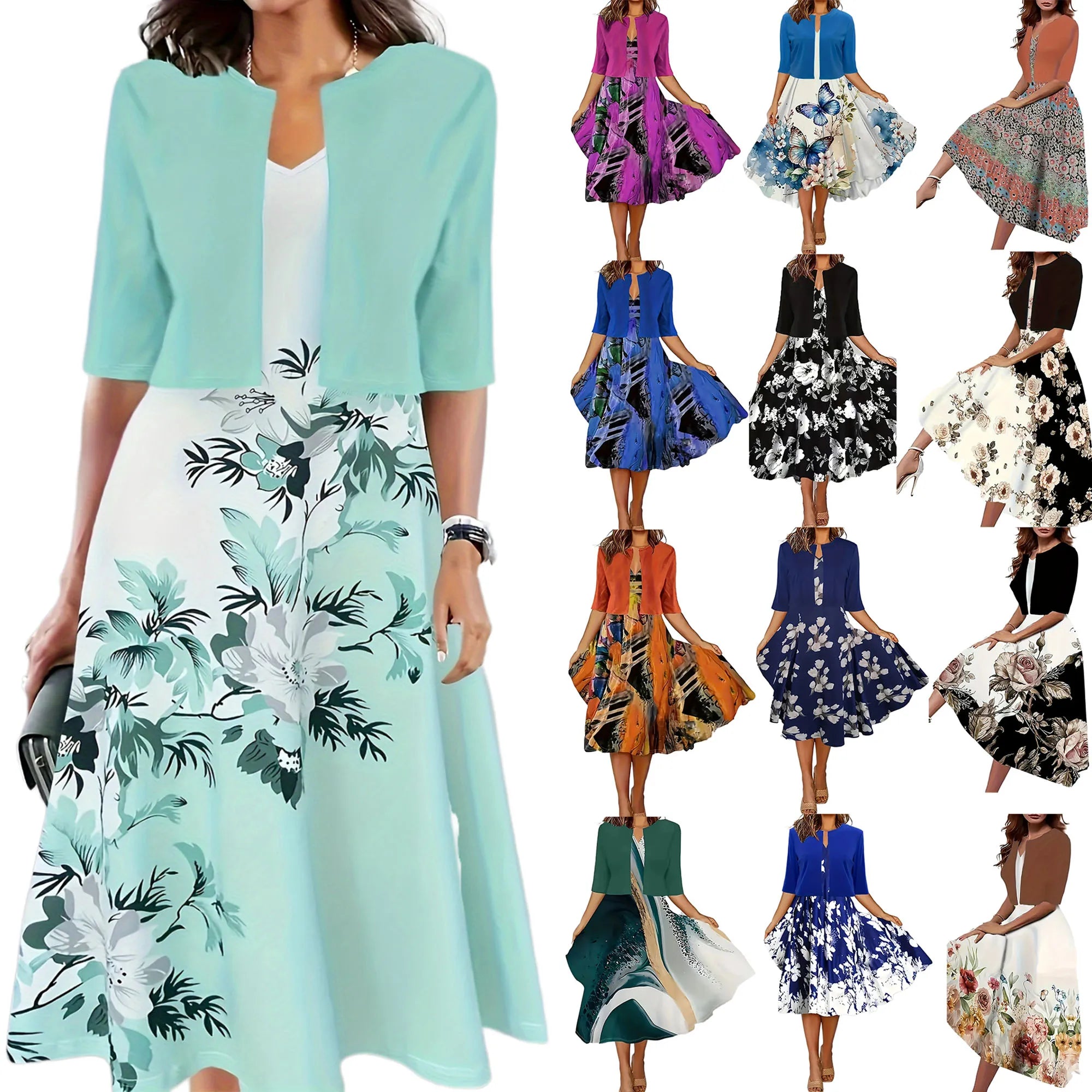 for summer 2024! Eu-us Fall Women's 2 long Dress Set - floral and grass print crew neck dress with chiffon short coat