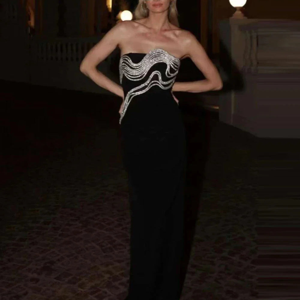 Vestido longo preto longo, sem alças, colado ao corpo, elegante, para festa noturna, celebridades, sexy, sem costas, diamantes