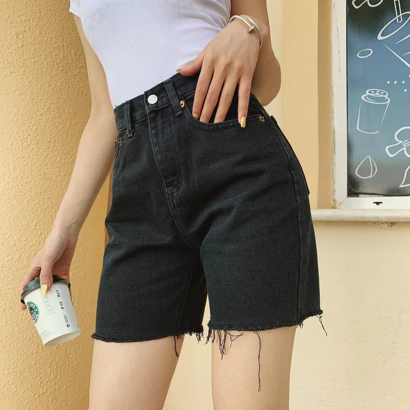 Women High Waist Wide Leg Denim Shorts Tassel Summer Fashion Streetwear Casual Solid Color Female Loose Stright Jeans