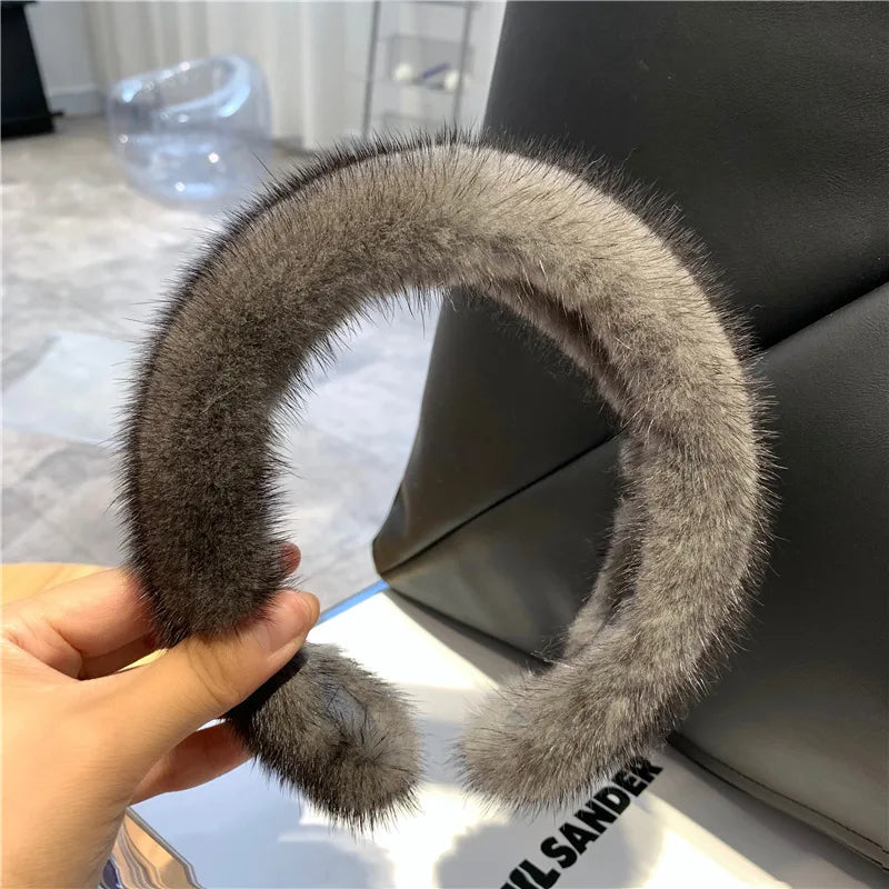 Hot Sale Women Luxury winter 100% Real Mink Fur Headbands High Quality Real Fur Hair Band Lady Fashion Hair Hoop Furry Gift Dark grey