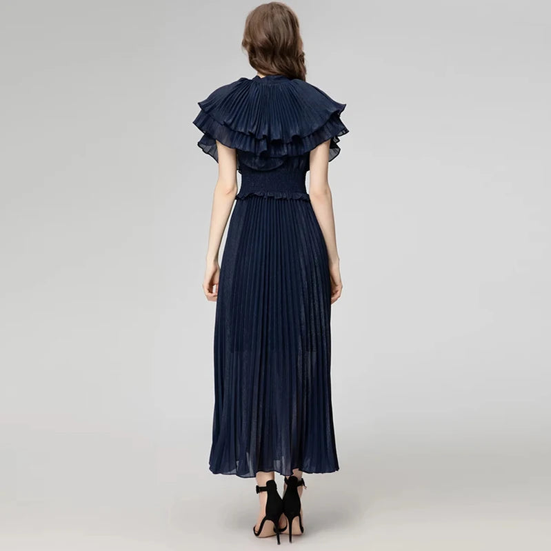 ZJYT Designer Elegant Cloak Sleeve Pleated Dresses for Women 2024 Runway Summer Fashion Elastic Waist Long Party Evening Dress
