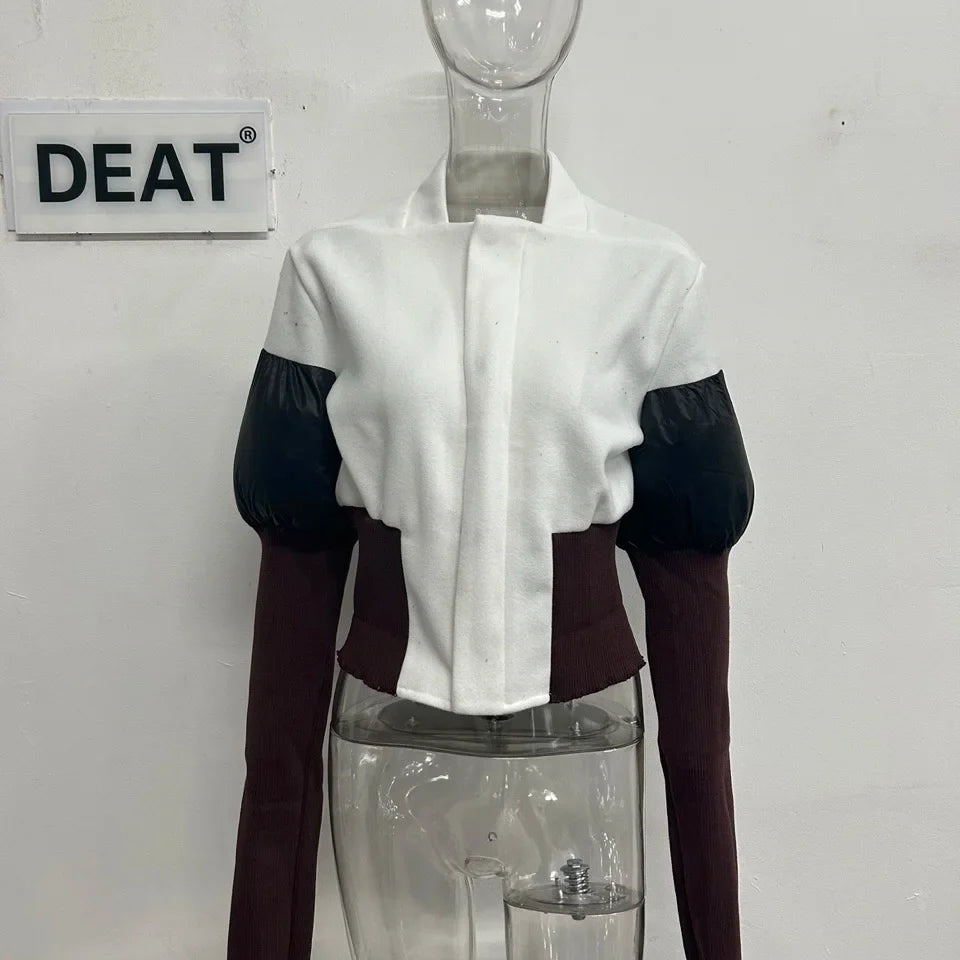 DEAT Fashion Women's Color Block Jackets Long Sleeve Zipper Collarless Slim Short Patchwork Short Coat Spring New 7AB3106 White