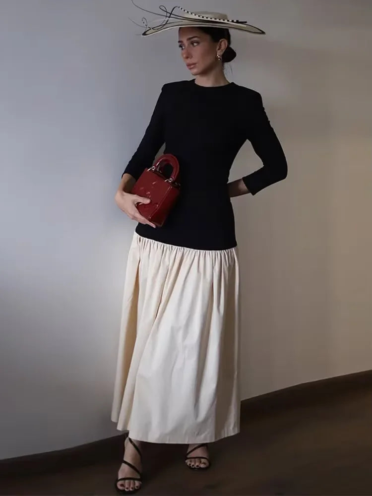 Vintage Women Ruffle Edge Splicing Full Sleeve Dress Fashion Round Neck A-line Maxi Dresses 2025 Lady Spring Highstreet Robe