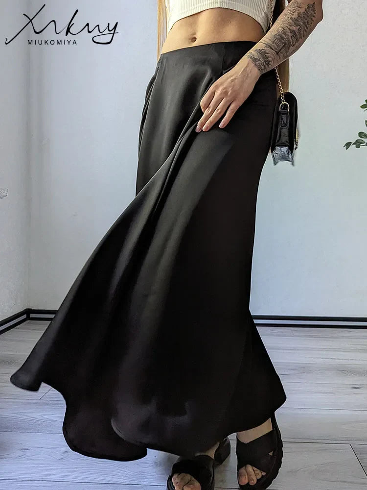 MiuKoMiYa Black A Line Long Skirts For Women Satin Summer Solid Silk Maxi Skirts Ladies Office Elegant Women Beige Skirt 2024