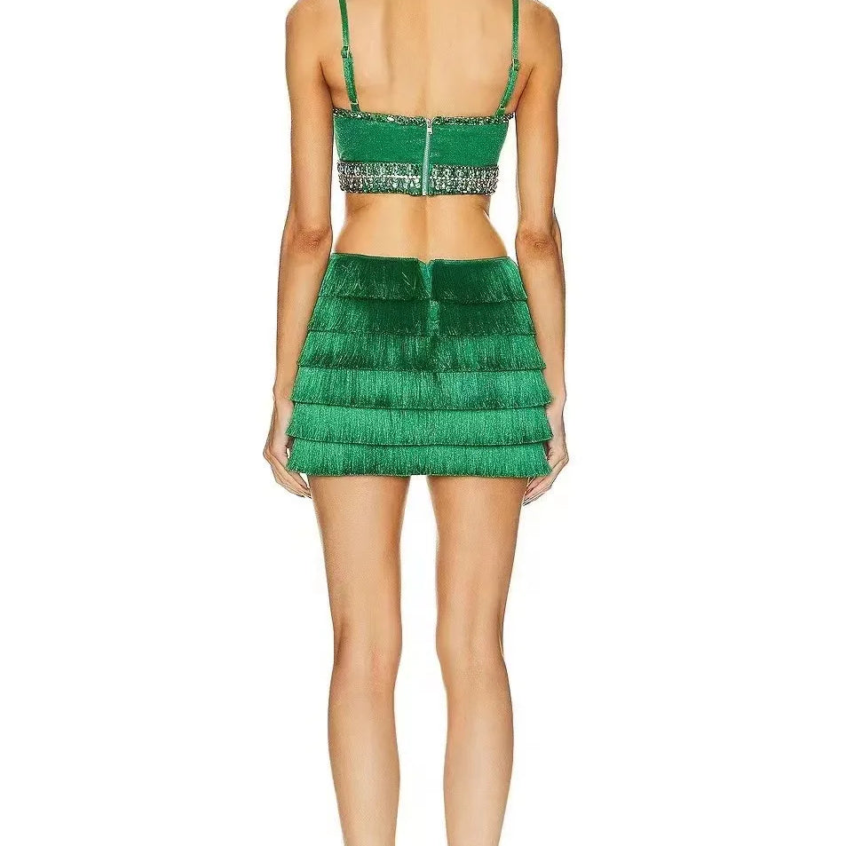 Green Color Women Sexy Strap Bodycon Mini Bandage Dress Tassels Shinning Crystal Nightclub Party Celebrate Dress