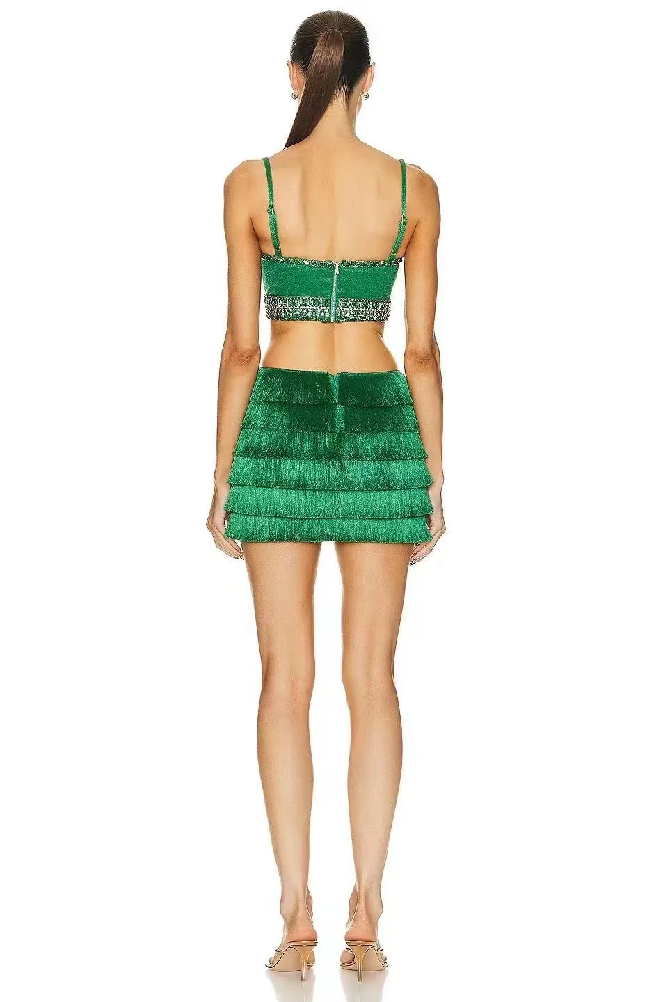 Green Color Women Sexy Strap Bodycon Mini Bandage Dress Tassels Shinning Crystal Nightclub Party Celebrate Dress
