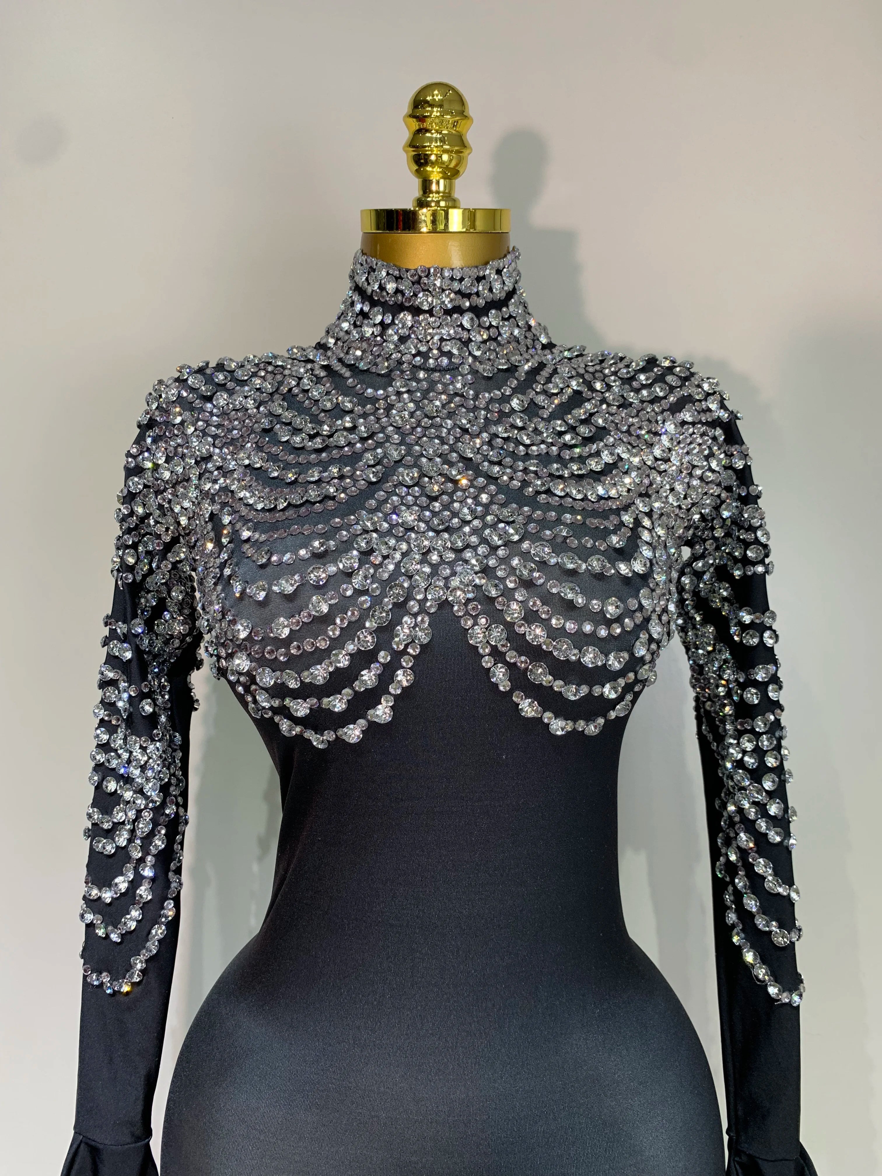 Stock Women Sexy Nightclub Evening Party Drag Queen Singer Dancer Stage Performance Costume Luxury Rhinestone Stretch Jumpsuit