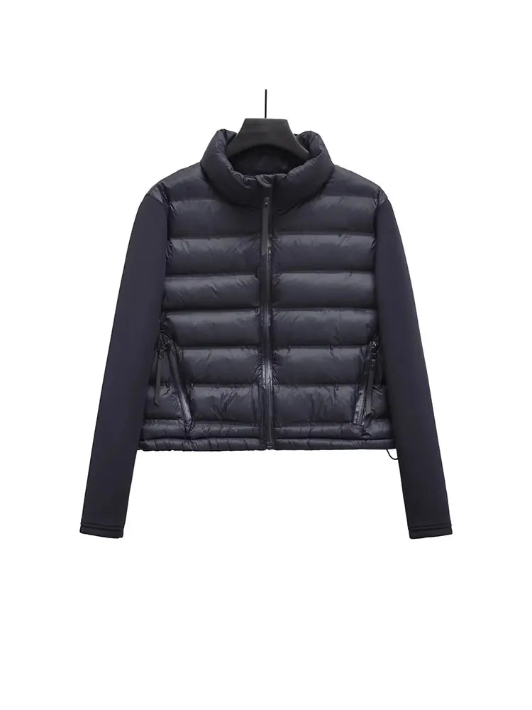 Nlzgmsj TRAF Women Fashion Side Pockets decoration Cropped Patchwork Coat Vintage Long Sleeve Zipper Outerwear Chic Tops