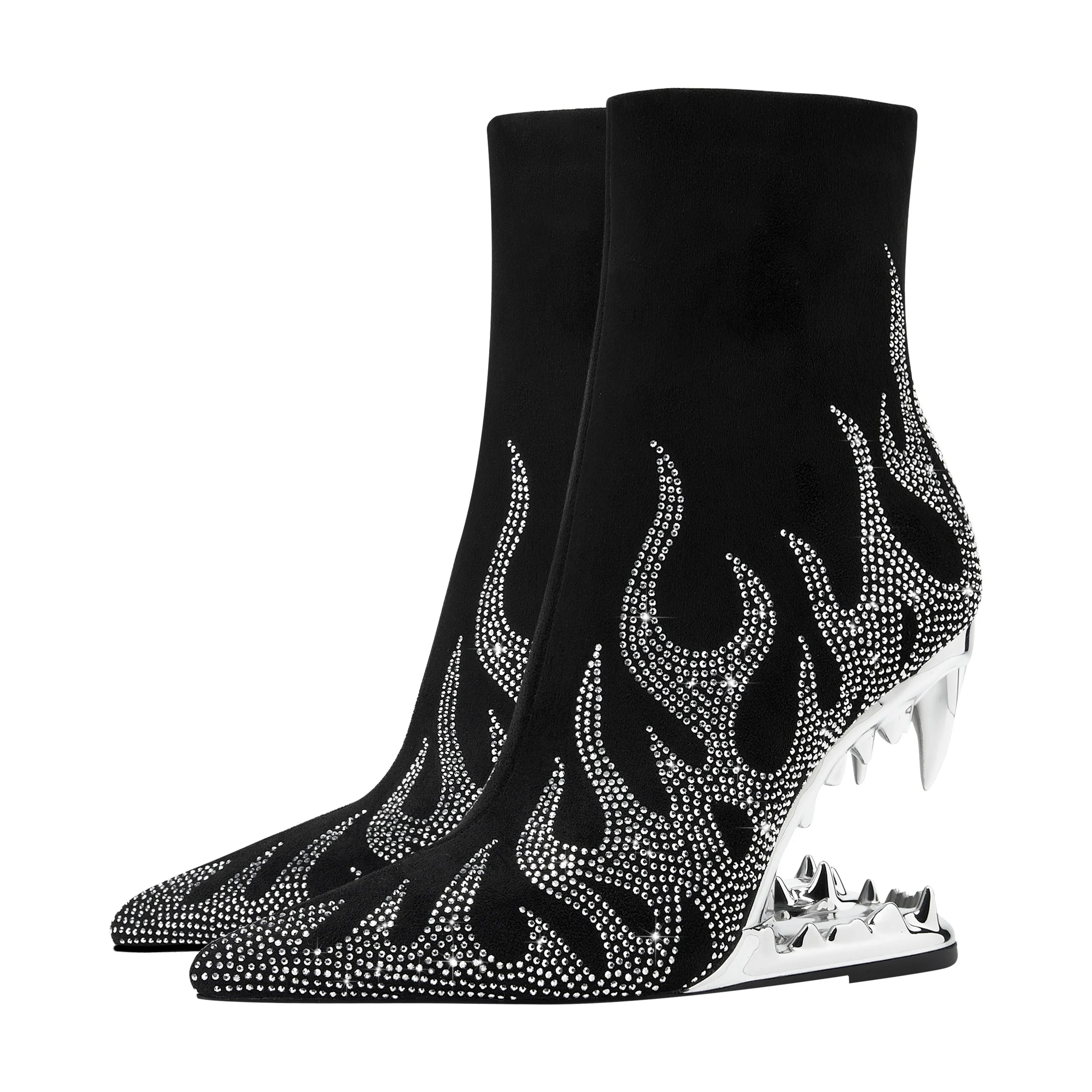 Women's Autumn and Winter New Water Diamond Knee Long Boots Pointed Side Zipper Tiger Teeth High Heels Banquet Party Boots silvery