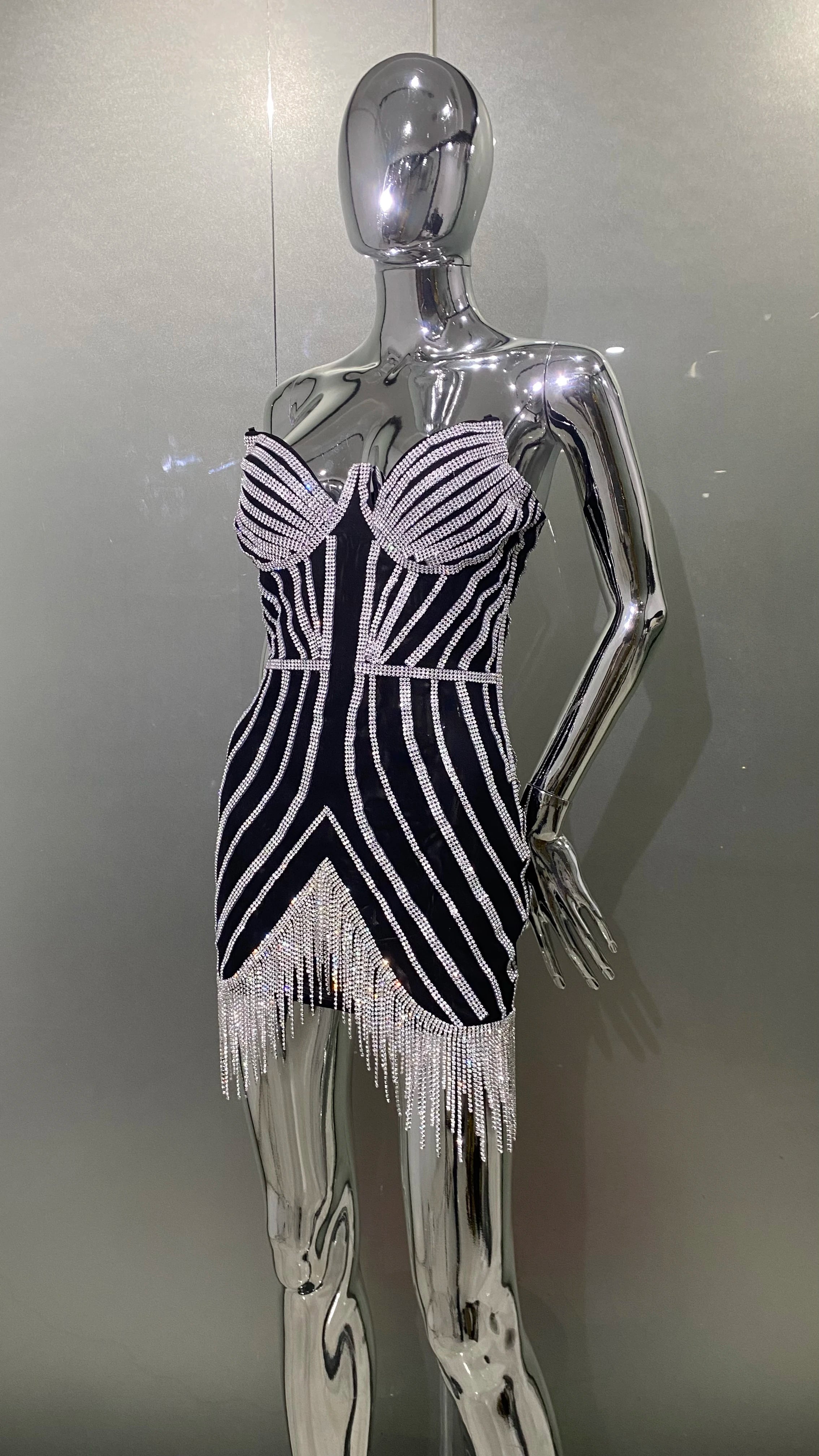 Luxury Shining Diamonds Tassel Strapless Mini Dress Celebrity Birthday Party Evening Dress Stage Performance Costume