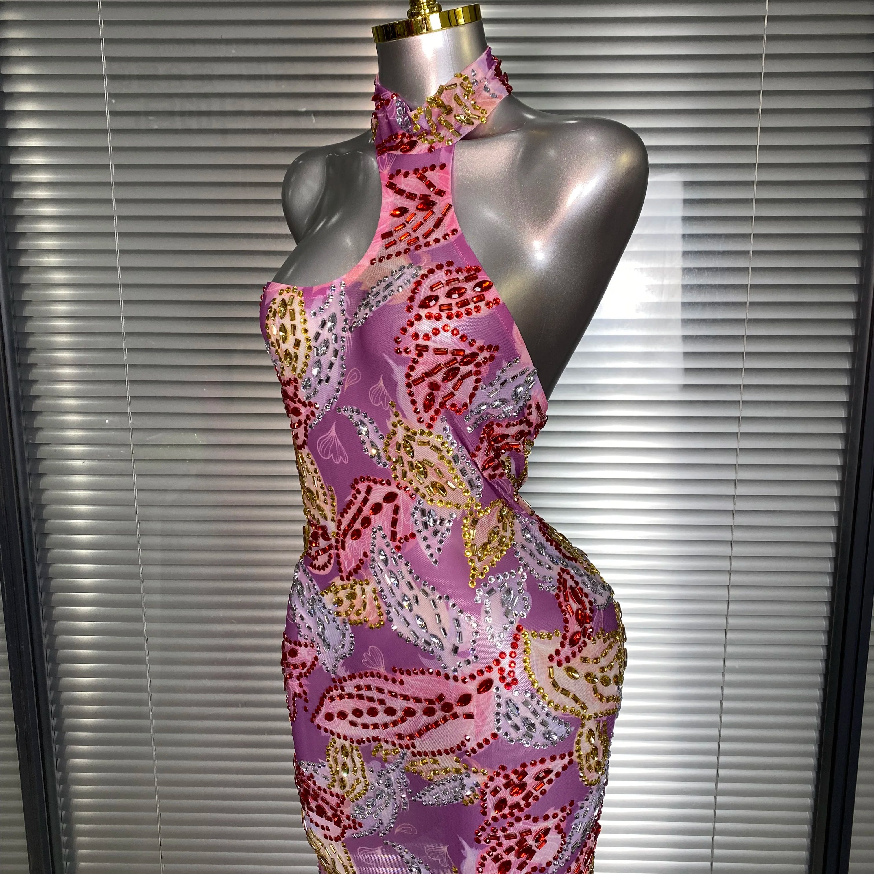 Celebrity New Women Sexy Printed Mesh Sheer Crystal Rhinestones Halter Stage Costume Stage Dancer Night Club Mini Party Dress