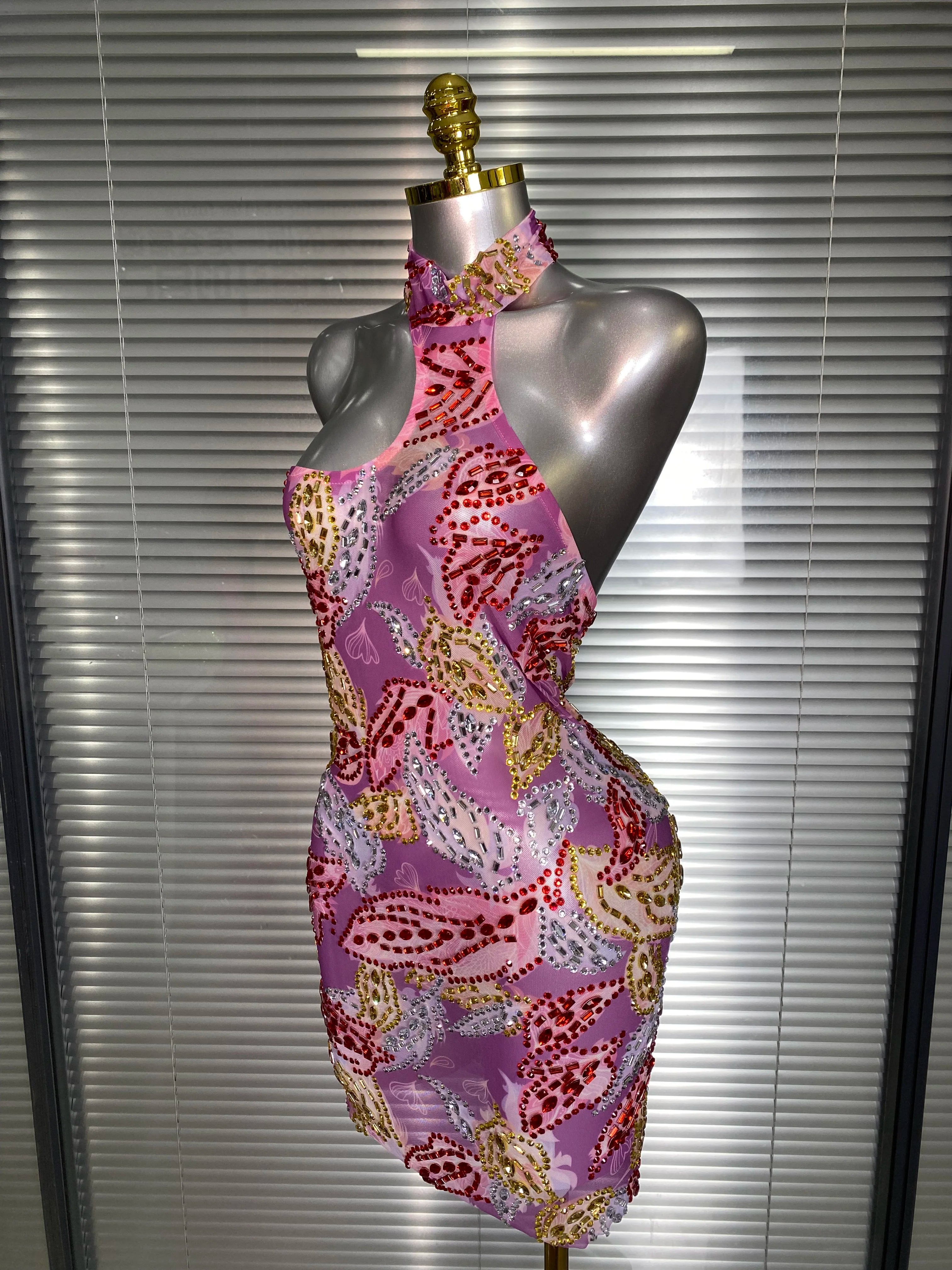 Celebrity New Women Sexy Printed Mesh Sheer Crystal Rhinestones Halter Stage Costume Stage Dancer Night Club Mini Party Dress