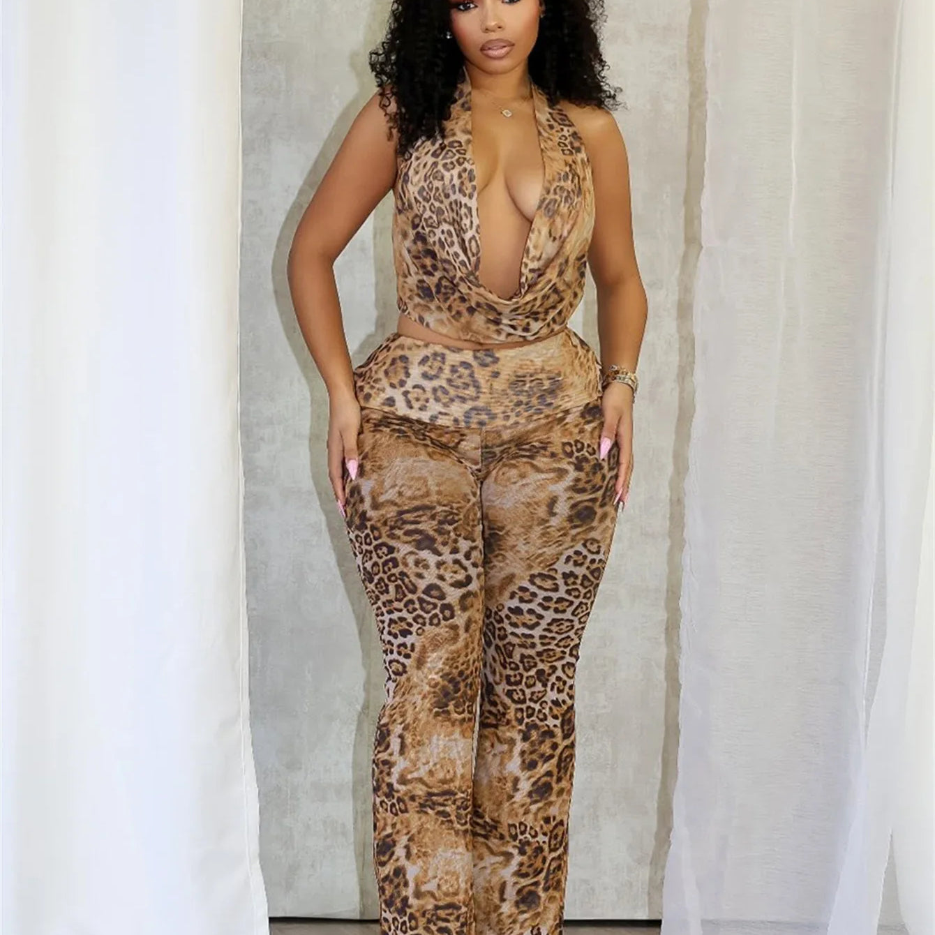CM.YAYA Women's Set Sleeveless Halter V-neck Leopard Print Top + Pants Suit 2025 Sexy Slim Night Party Two 2 Piece Sets Outfits