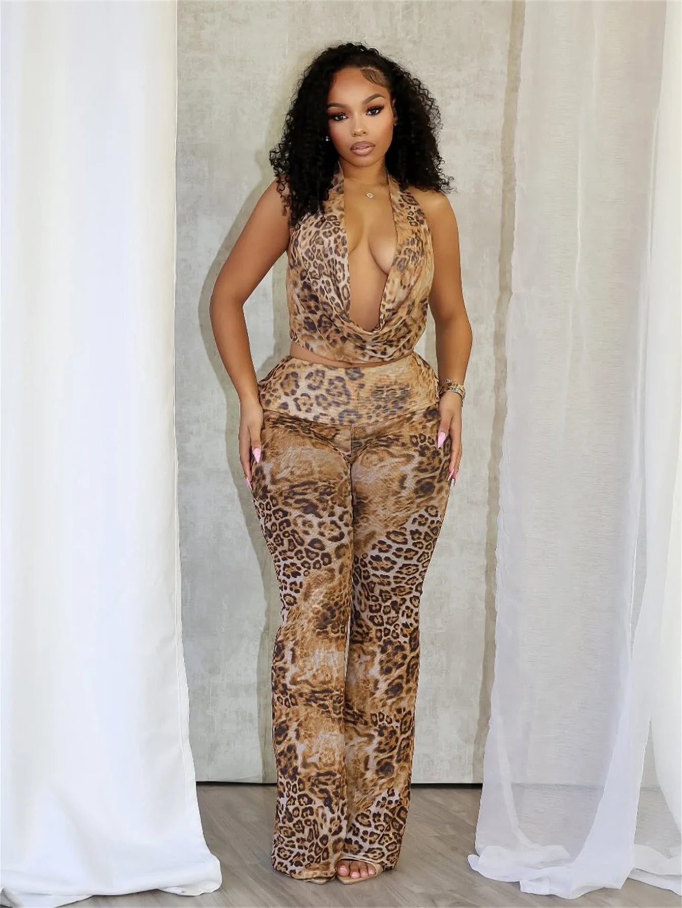 CM.YAYA Women's Set Sleeveless Halter V-neck Leopard Print Top + Pants Suit 2025 Sexy Slim Night Party Two 2 Piece Sets Outfits