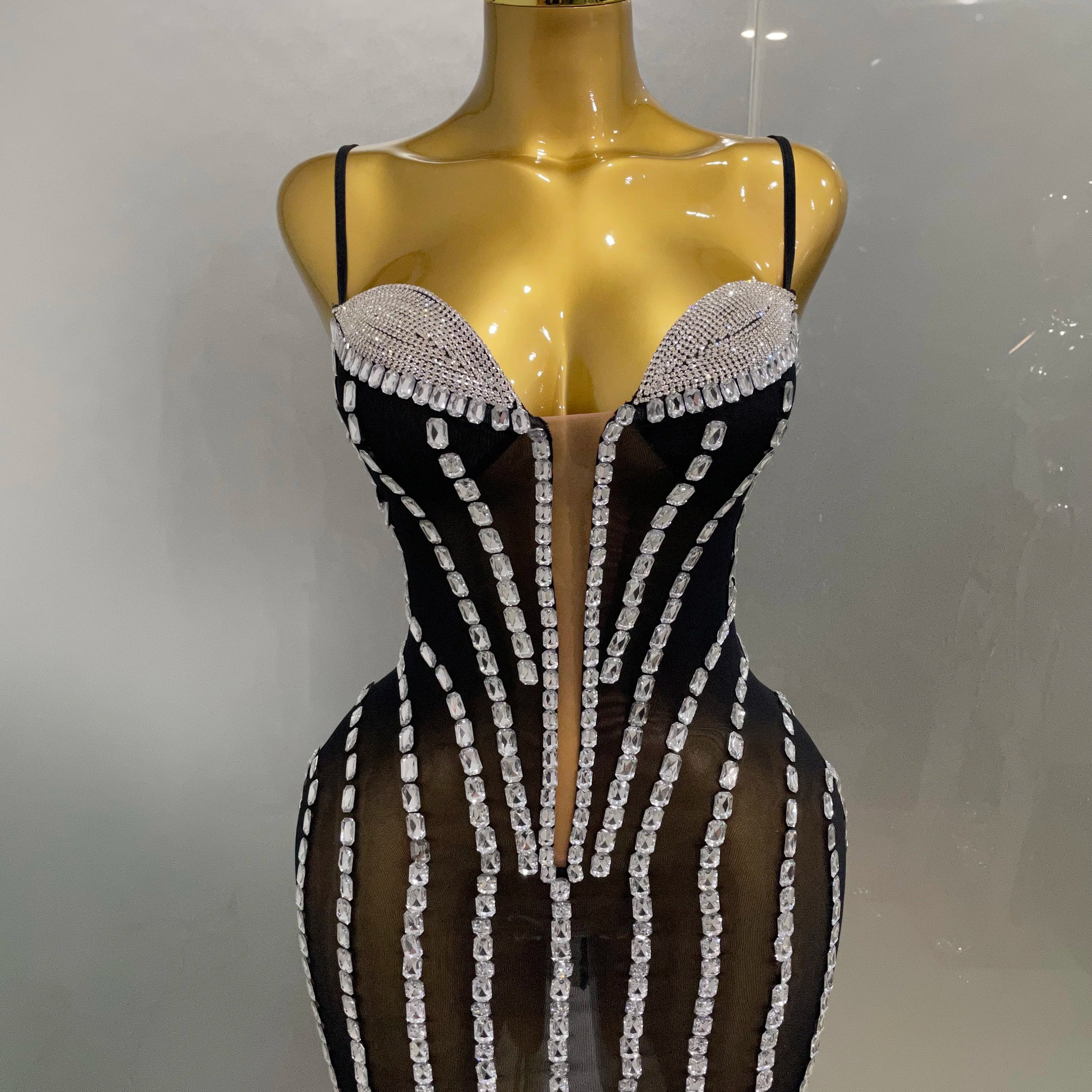 Sexy Sparkly Rhinestones Mesh See Through Short Slip Dress 2025Women Evening Birthday Party Prom Nightclub PhotoShoot Stage Wear