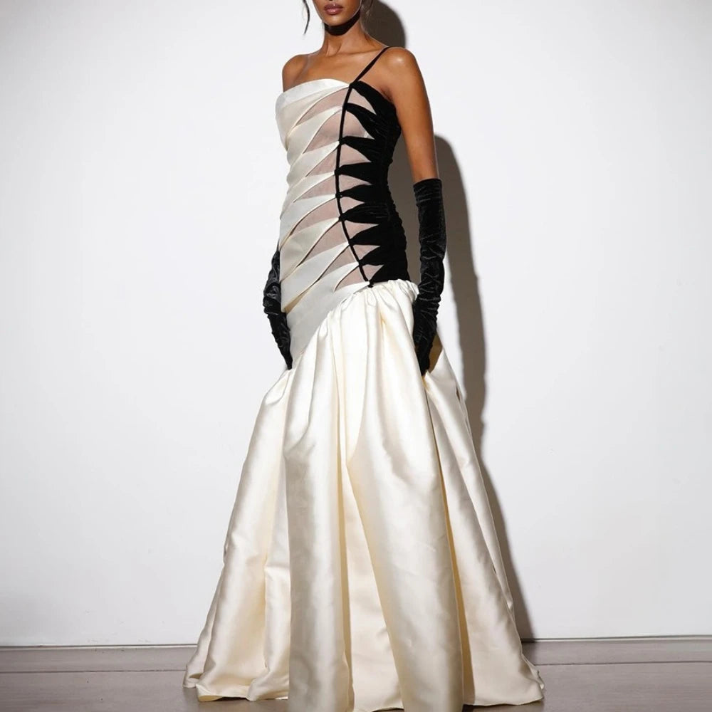 TWOTWINSTYLE Hit Color Sheer Spliced Ruffles Elegant Dresses for Women Strapless Sleeveless Patchwork Folds Dress Female Fashion