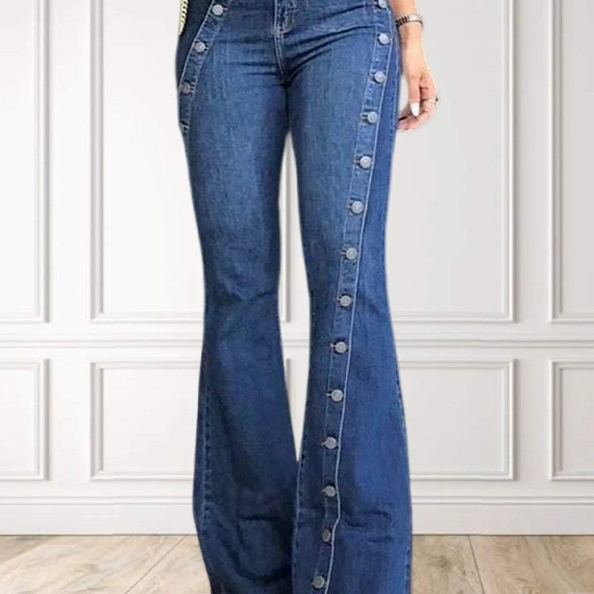 Women Fashion Plain Button Decor Flare Leg Long Denim Pants Flare Jeans Jeans Ladies High Waist Skinny bottom Wide Leg  Jeans