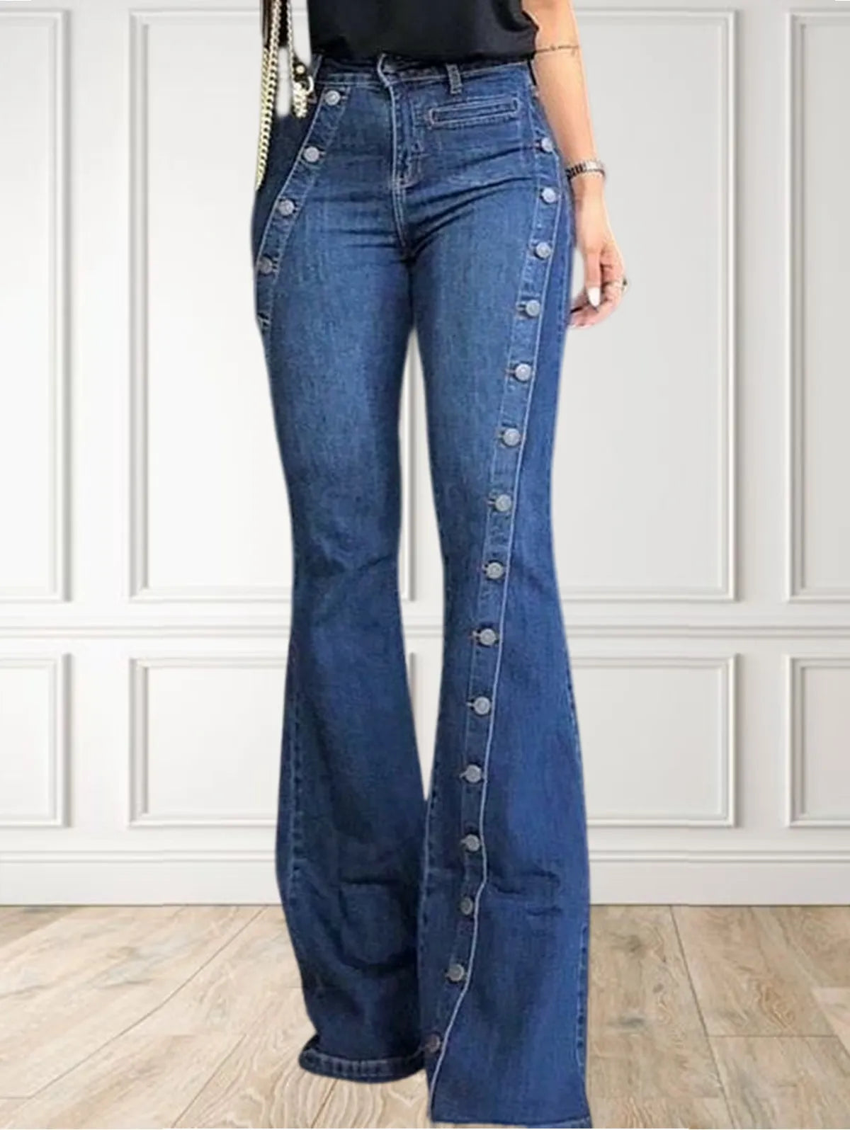 Women Fashion Plain Button Decor Flare Leg Long Denim Pants Flare Jeans Jeans Ladies High Waist Skinny bottom Wide Leg Jeans