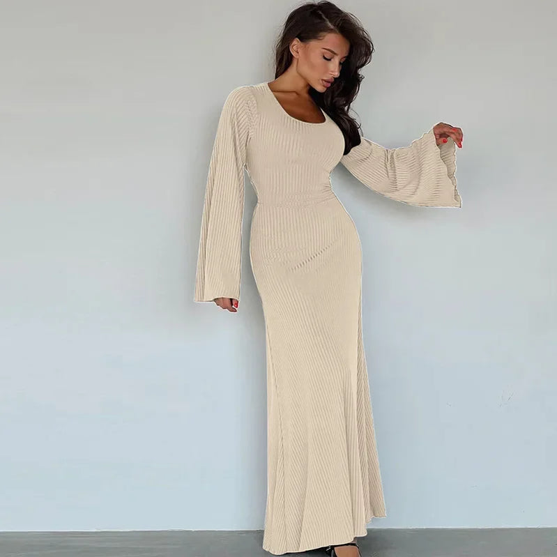Tossy Scoop Neck Lace-Up Ribbed Maxi Dress Female Long Sleeve Fashion Slim Loose Bandage Dress Autumn 2024 Solid Women Dress New Beige