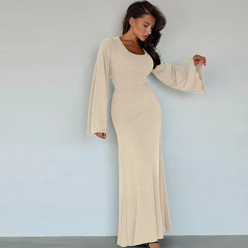 Tossy Scoop Neck Lace-Up Ribbed Maxi Dress Female Long Sleeve Fashion Slim Loose Bandage Dress Autumn 2024 Solid Women Dress New Beige