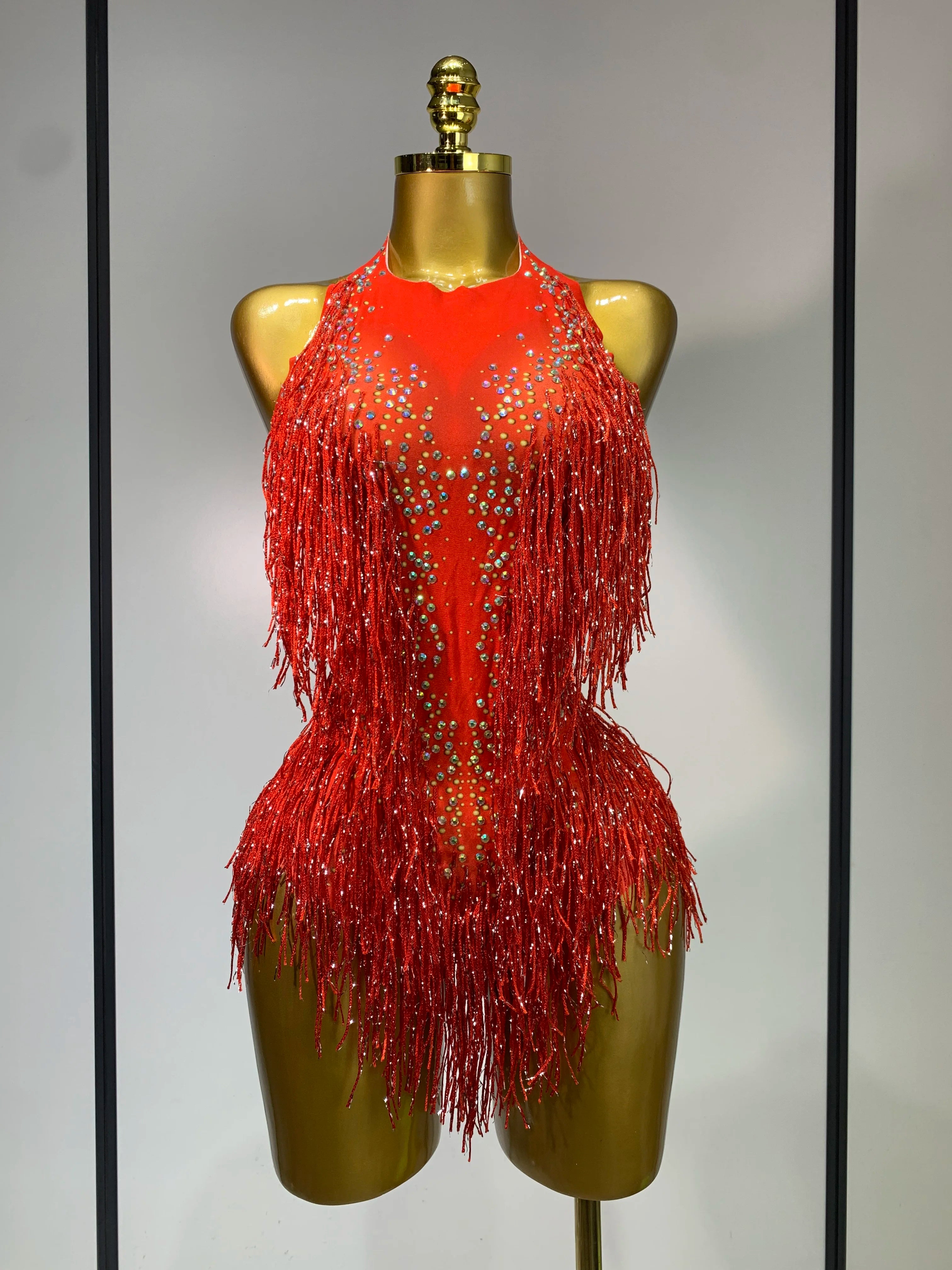 Sparkly Rhinestones Fringes Leotard Women Nightclub Evening Party Outfit Dance Costume Stage Outfit Sexy Performance Bodysuit