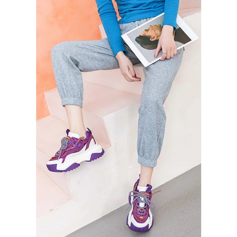 CXJYWMJL Genuine Leather Retro Sneakers for Women Thick Bottom Casual Vulcanized Shoes Ladies Autumn Breathable Chunky Sneakers