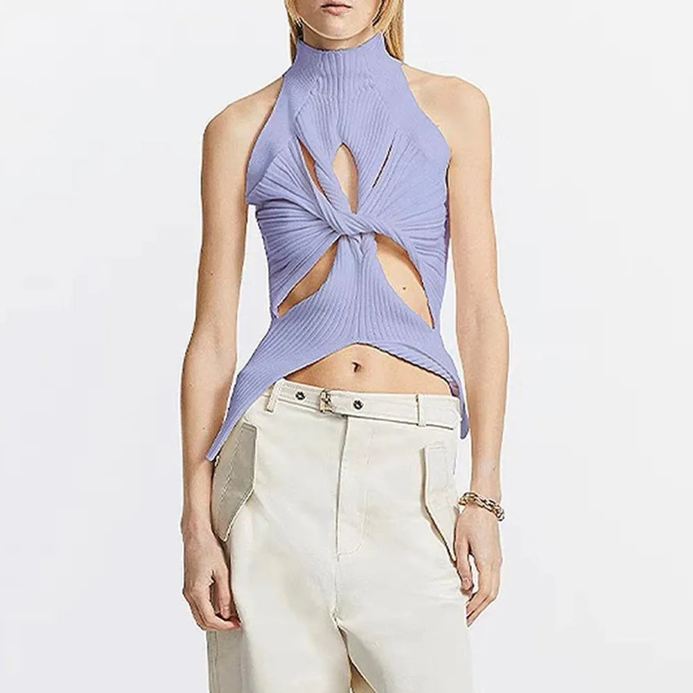 TWOTWINSTYLE Regatas de tricô vazadas e lisas para mulheres, gola alta, sem mangas, ombro de fora, coletes finos, roupas femininas da moda