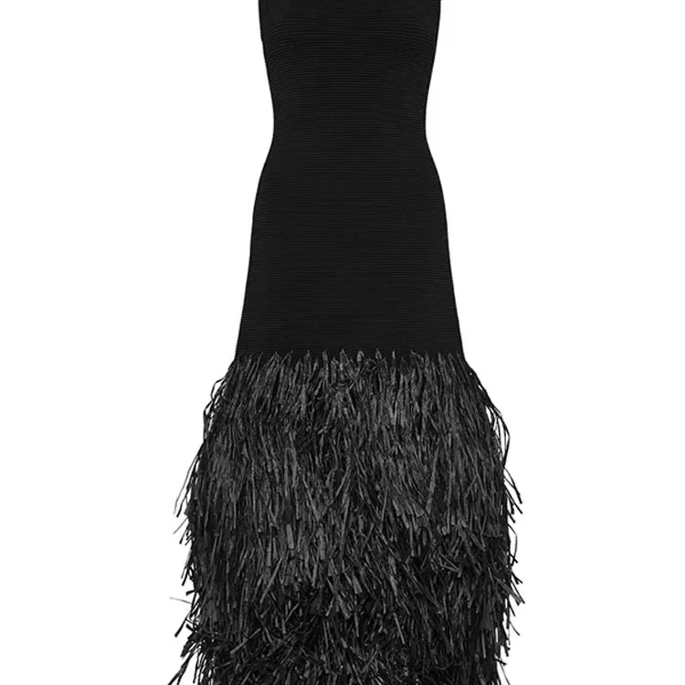 Fashion Knitted Tassels Hem Women Long Dress Elegant O Neck Pad Backless Zipper Sleeveless Slim Maxi Dresses Lady Party Vestidos