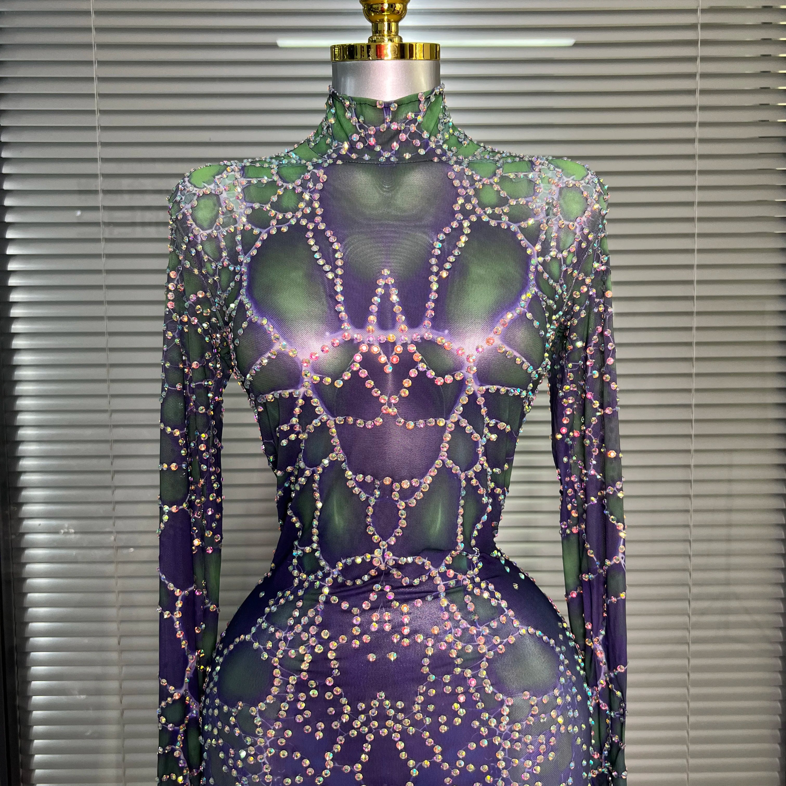 Women Sexy Crystal Sheer Printed Bodycon Jumpsuit Celebrity Designer Dancer See Through Night Club Rompers