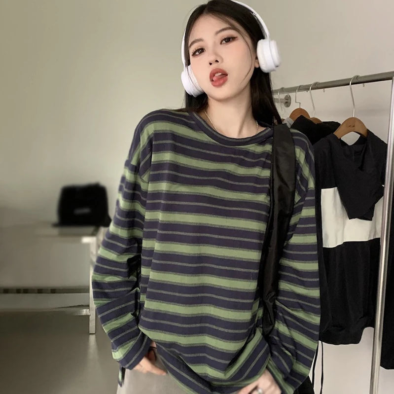 T-shirts for Women Streetwear Woman Clothing Y2k T-shirts Korean Fashion Striped Long sleeve T-shirts Student Tops G