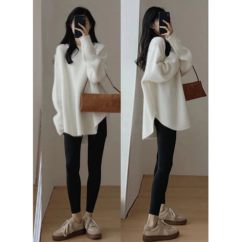 Fashion Knit Pullover for Women Sweet O-neck Fluffy Sweater Female Spring Autumn Soft Elegant Long Sleeve Ladies Knitwear White One Size