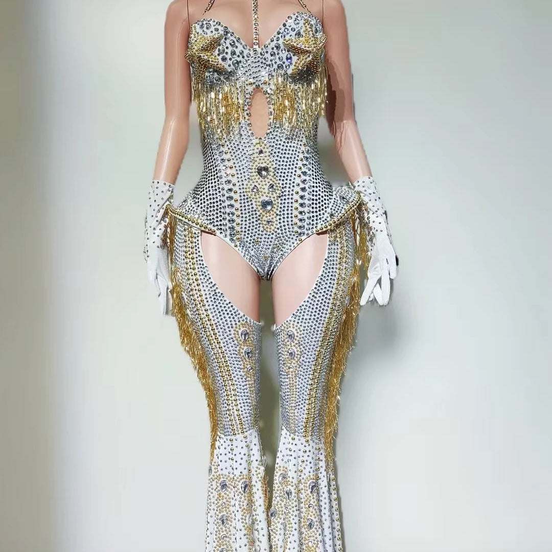 Sparkly Rhinestone Tassel Luxury Bodysuit 4Piece Set Cowboy Night Out Party Outfit Stage Show Jumpsuit Carnival Wear Hongding