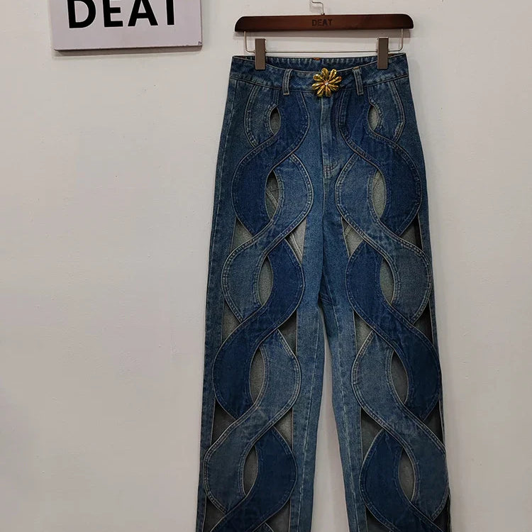 DEAT Fashion Women's Jeans High Waist Cross Contrast Color Hollow Out Metal Button Straight Denim Pants Summer New 17A8765H jeans