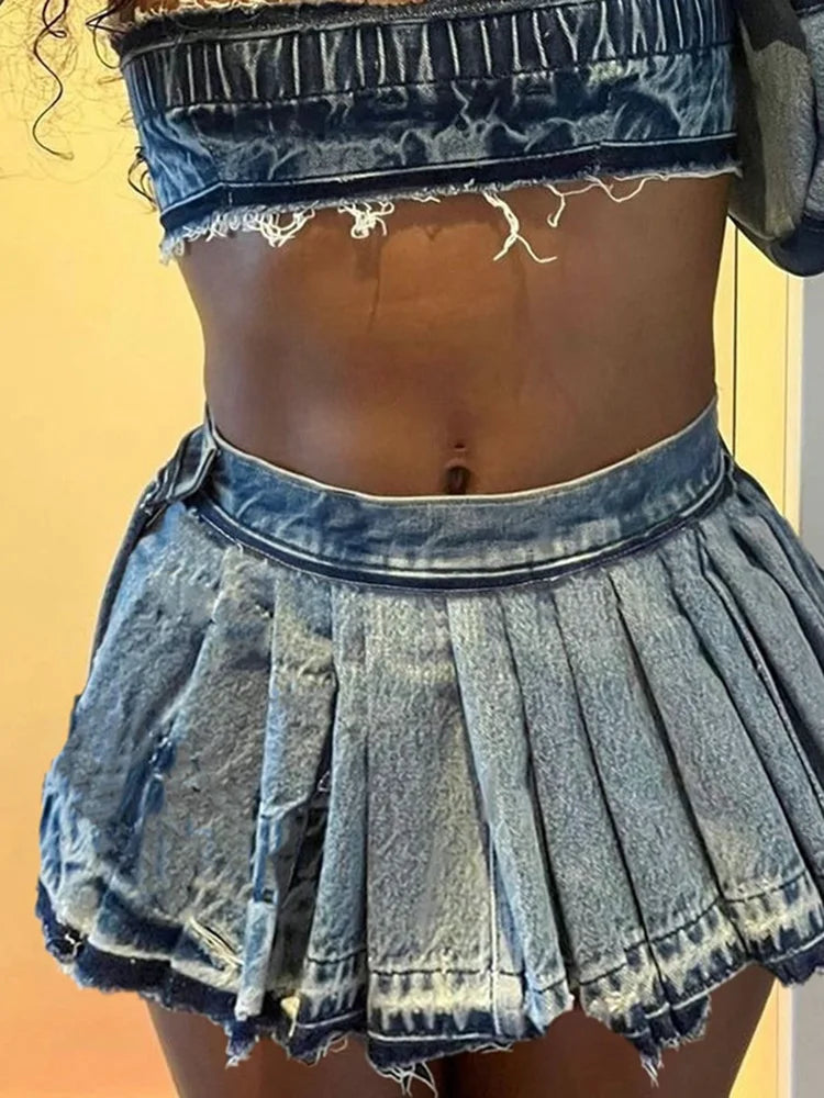 Weird Puss Pleated Denim Skirts Women Summer Trend Vintage Y2K Fashion Wild Streetwear Casual Hipster A-Line Skirt Bottoms
