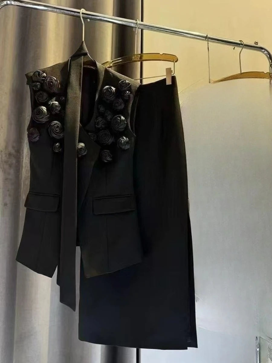 TWOTWINSTYLE Solid Spliced Applique Two Piece Sets for Women V Neck Sleeveless Patchwork Lace Up Top High Waist Skirt Set Female