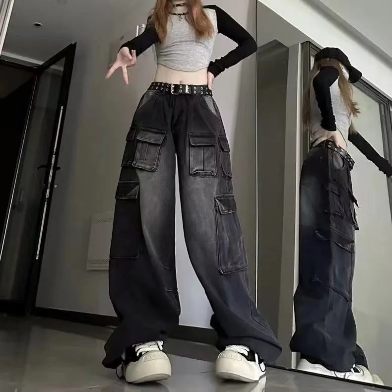 Multi-pocket design high-street cargo pants women summer wide-leg trendy niche washable high-waisted jeans women y2k baggy 1 1