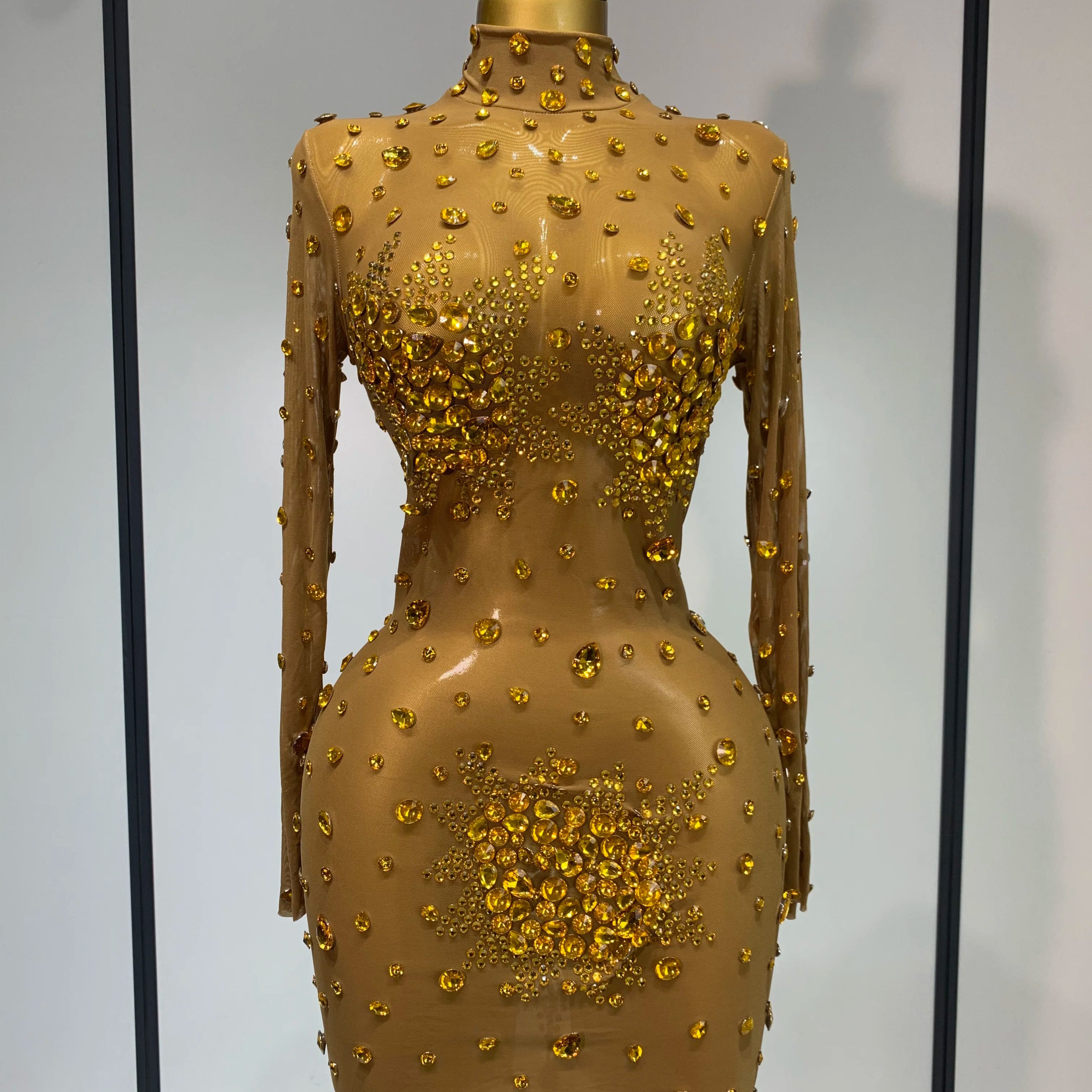 Women Sexy Gold Rhinestones Sparkly See Through Mini Dress Evening Party Fashion Performance Stage Outfit Luxury Birthday Dress