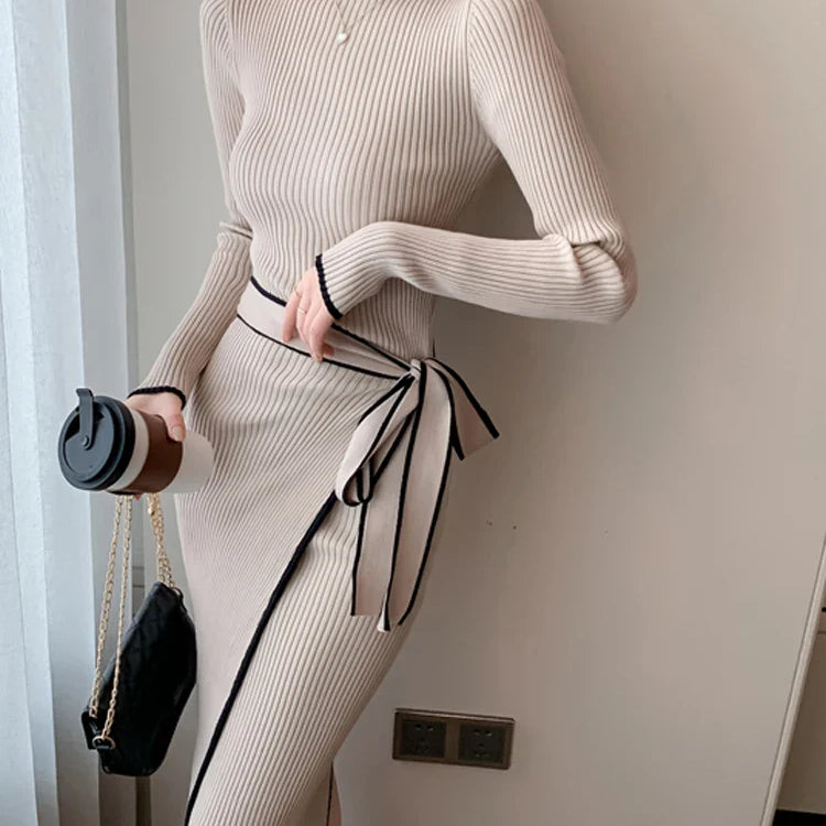 Women Knitted Dress New Autumn Winter Slim Lace-Up Long Sleeve Bottoming Sweater Skirt Elegant Fashion Office Female Vestidos