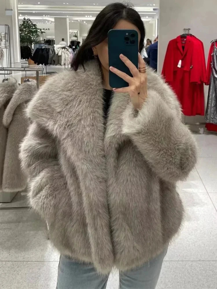 Women's Faux Fur Cropped Jacket Coat Autumn Winter New Lapel Long Sleeve Thick Warm Soft Jacket Female Chic Warm Outerwear