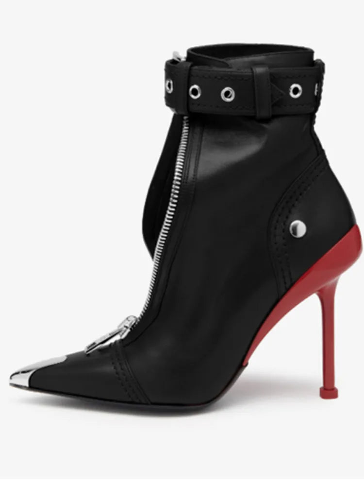 Women's Autumn and Winter New High Heel Ankle Boots Fashion Pointed Zipper Belt Buckle Women's Boots Large Short Boot Black and red heels
