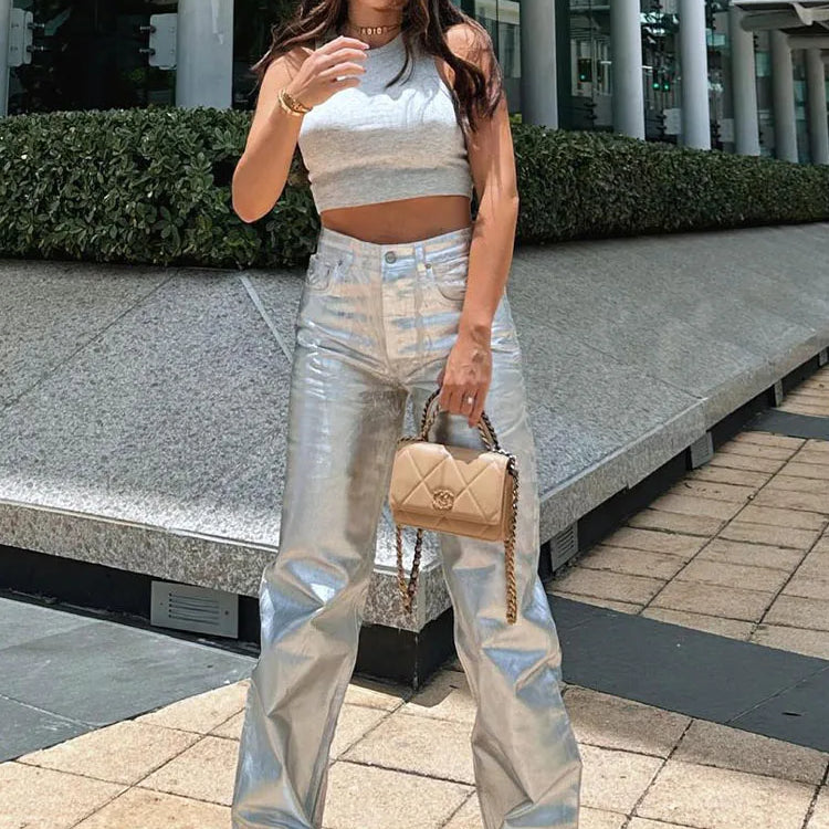 TRAFZA Women New Fashion Silver High Waist Cargo Pants Vintage Pocket Decoration Elegant Casual Loose Woman Shiny Trousers Y2K