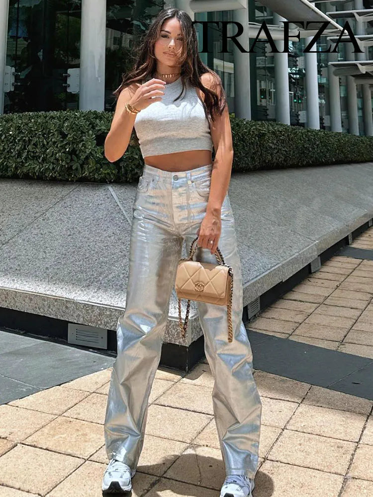 TRAFZA Women New Fashion Silver High Waist Cargo Pants Vintage Pocket Decoration Elegant Casual Loose Woman Shiny Trousers Y2K