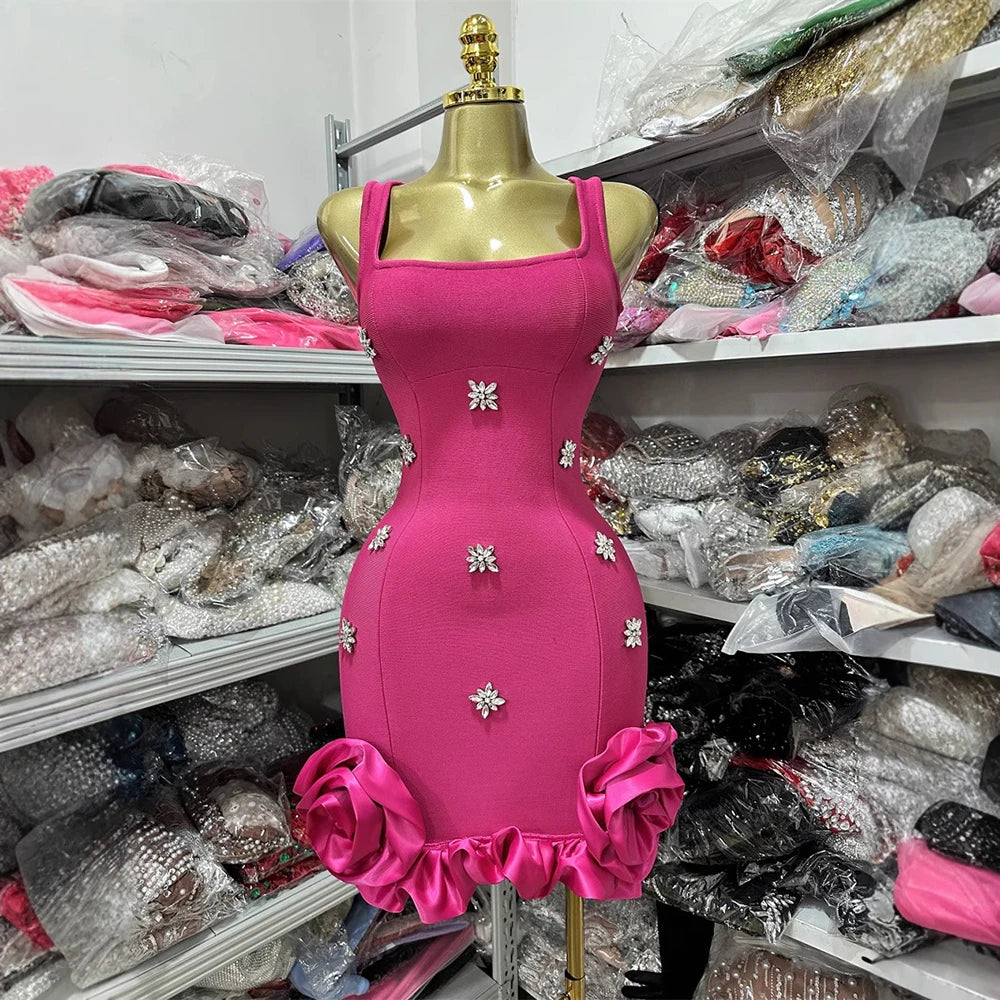 Spliced Diamonds Flower Bandage Mini Dress For Women Solid Color Sleeveless Bodycon Party Dresses Female 2025
