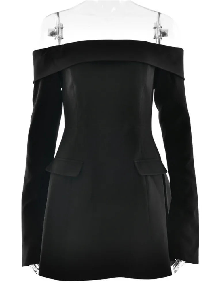 Off-shoulder Long Sleeve Sexy Mini Dress For Women Two Pocket Strapless Backless A-line Club Party Sexy Dress Elegant
