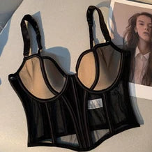 Women's Chic Mesh Fishbone Camisole Inner Wear Outer Wear Corset Crop Top Waist-Tight Sexy Bra White Black 2023 black