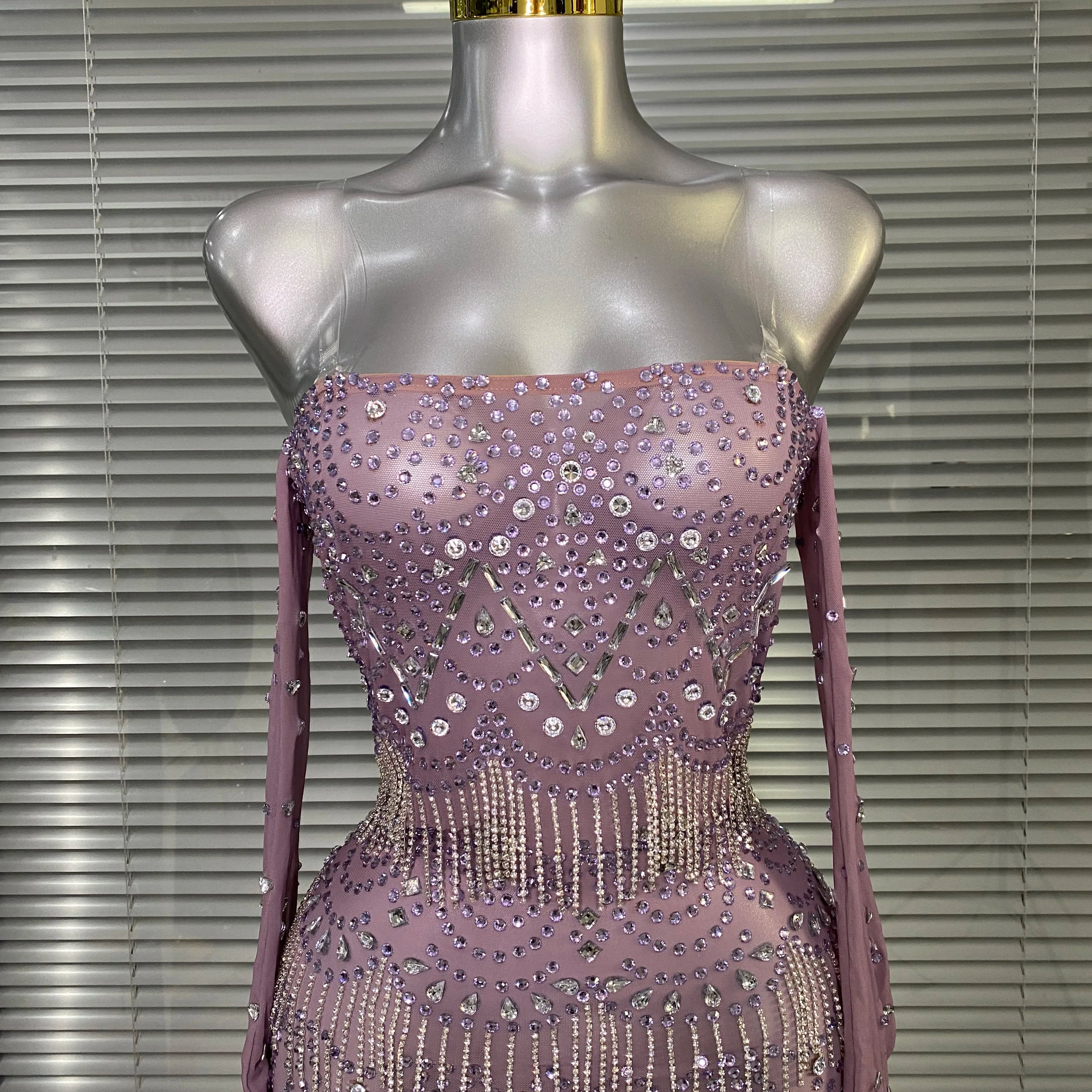 Women Sexy Strapless See Through Mesh Purple Costume Stage Dancer Singer Night Club Celebrity Gloves Mini Party Dress