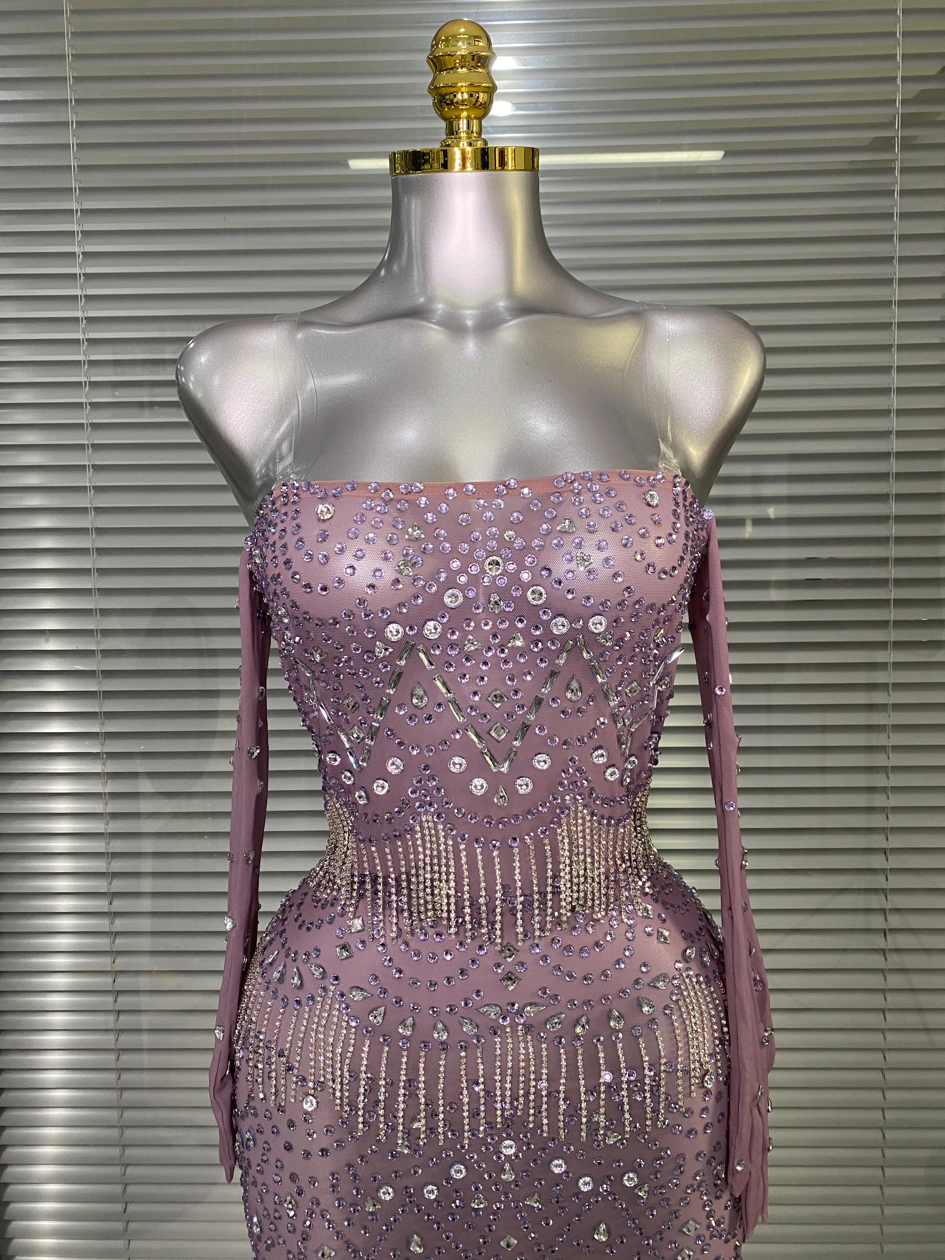 Women Sexy Strapless See Through Mesh Purple Costume Stage Dancer Singer Night Club Celebrity Gloves Mini Party Dress