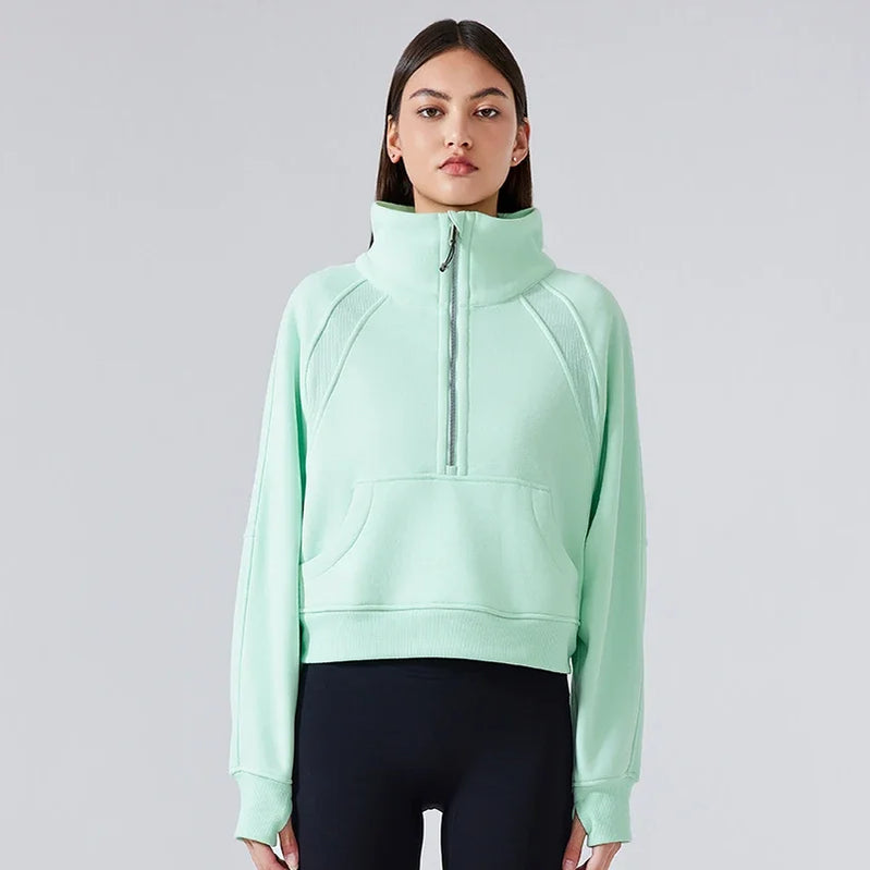 Autumn New Half Zipper High Stand Collar Pullover Top for Women's , Warm and Fleece Thick Sports Hoodie for External Wear DA W150A