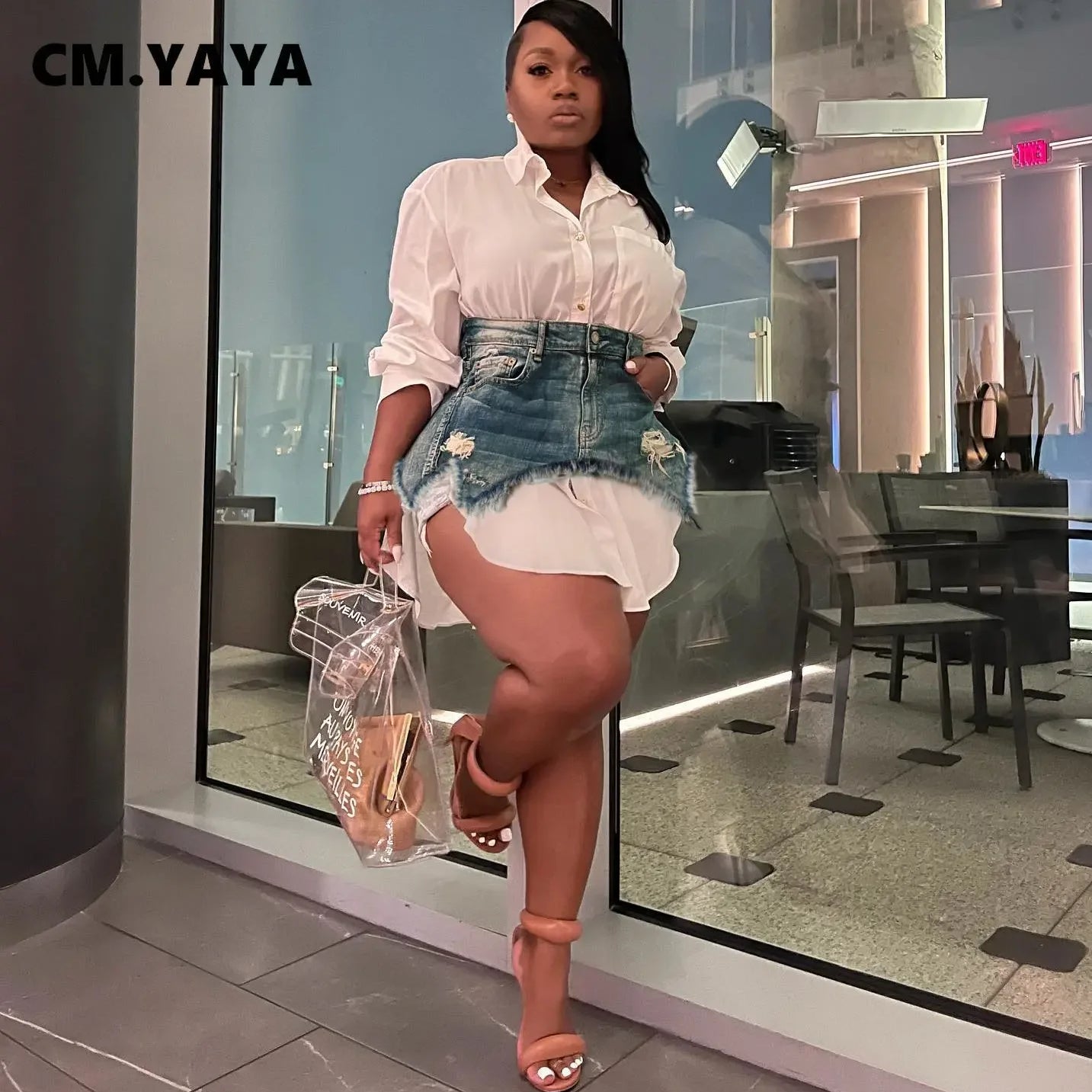 CM.YAYA Vintage Women Long Sleeve Turn-down Collar Shirt Blouse Style Dress with Denim Jean Irregular Mini Skirt Two 2 Piece Set